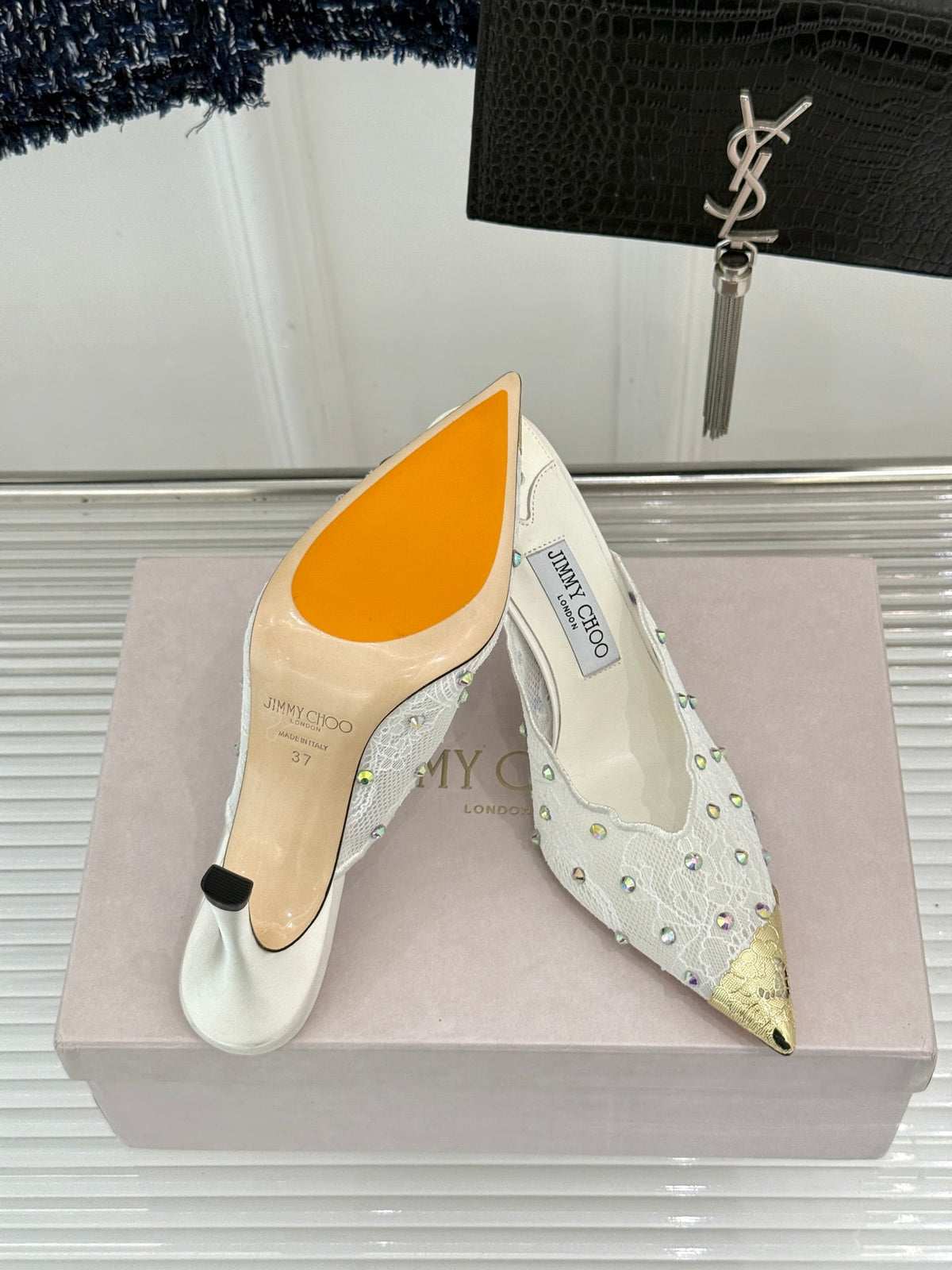 Jimmy Rhinestone Toe High-Heeled 10 Sandals White in Lace Metallic 803387