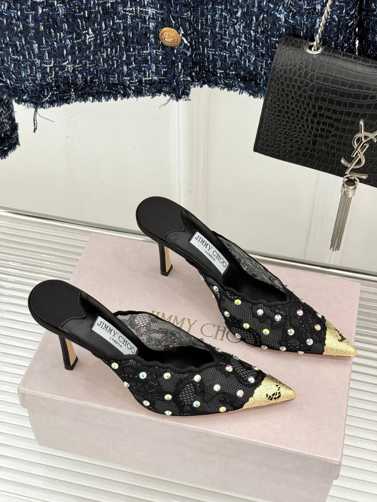 Jimmy Rhinestone Toe High-Heeled 10 Sandals Black in Lace Metallic 803388