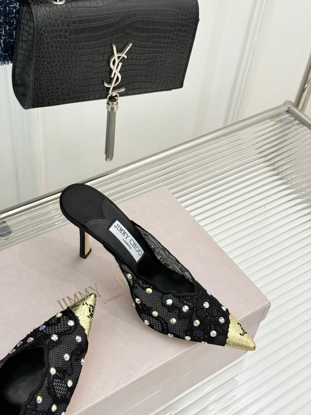 Jimmy Rhinestone Toe High-Heeled 10 Sandals Black in Lace Metallic 803388