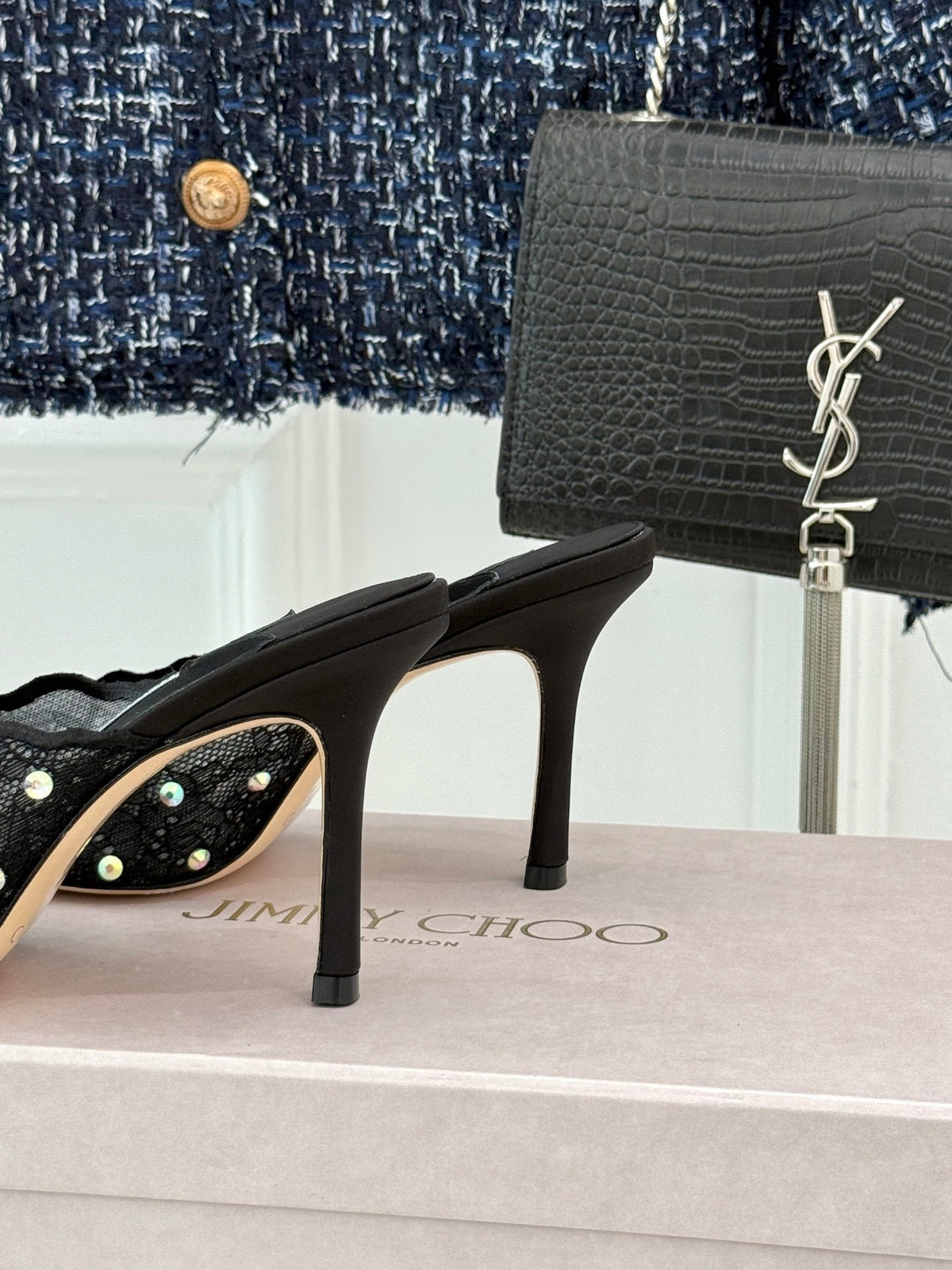Jimmy Rhinestone Toe High-Heeled 10 Sandals Black in Lace Metallic 803388
