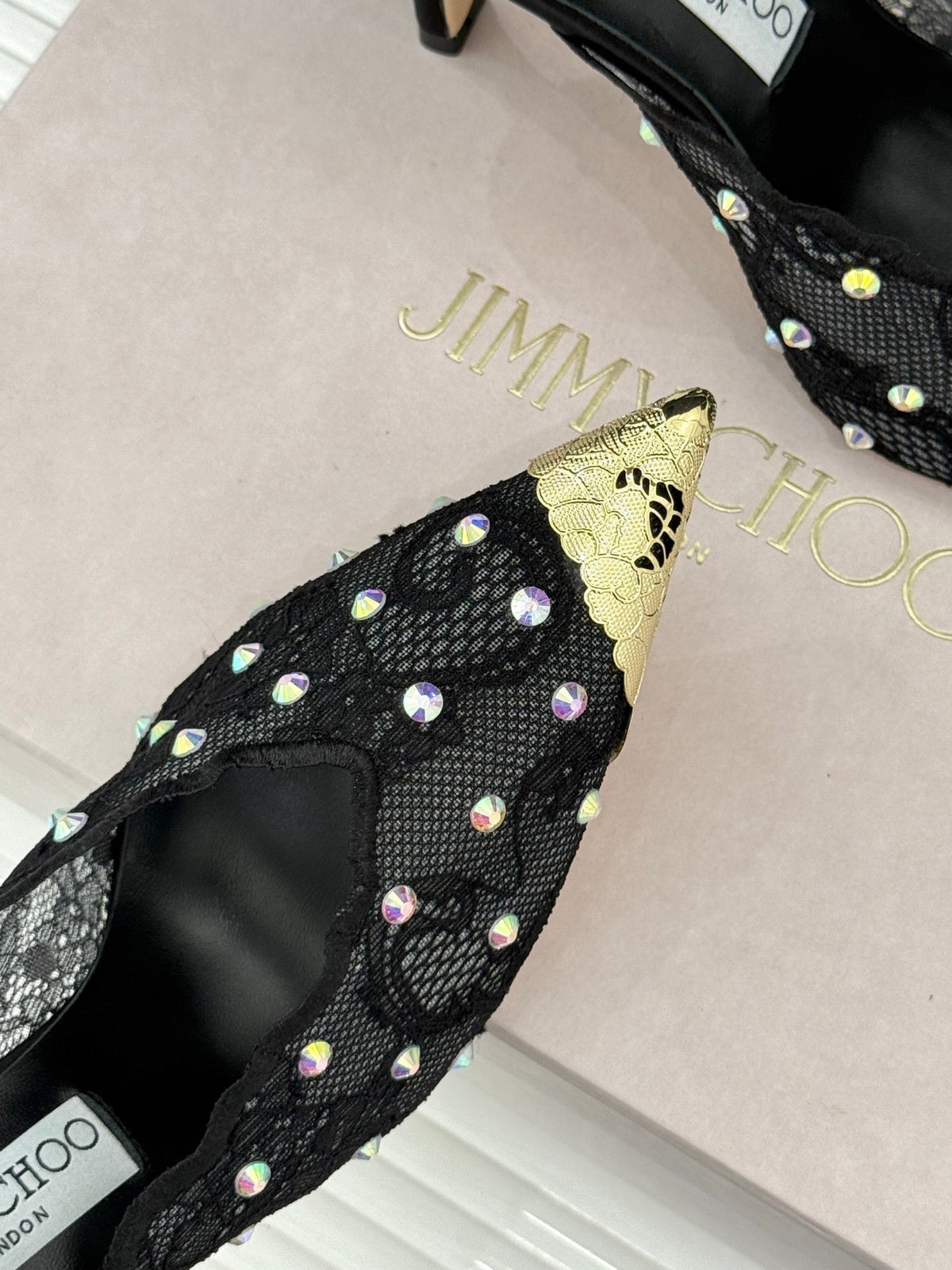 Jimmy Rhinestone Toe High-Heeled 10 Sandals Black in Lace Metallic 803388