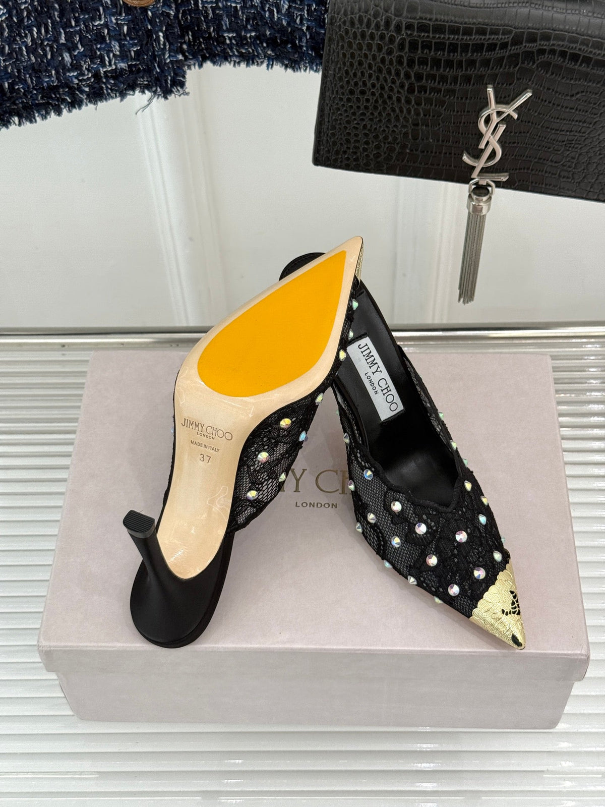 Jimmy Rhinestone Toe High-Heeled 10 Sandals Black in Lace Metallic 803388