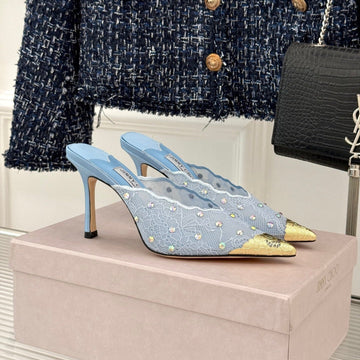 Jimmy Rhinestone Toe High-Heeled 10 Sandals Blue in Lace Metallic 803389