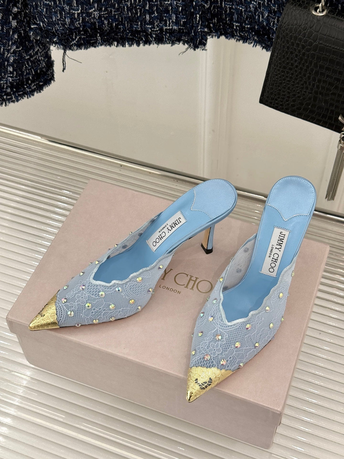 Jimmy Rhinestone Toe High-Heeled 10 Sandals Blue in Lace Metallic 803389