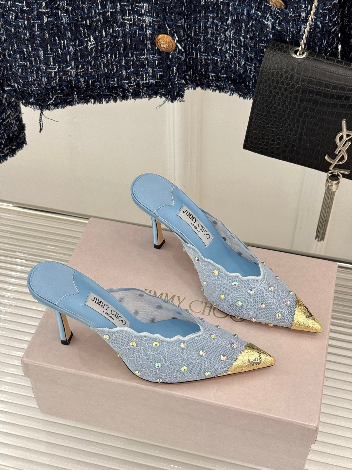 Jimmy Rhinestone Toe High-Heeled 10 Sandals Blue in Lace Metallic 803389