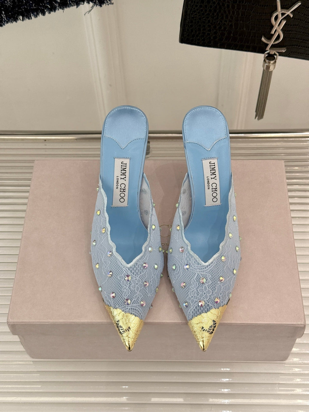 Jimmy Rhinestone Toe High-Heeled 10 Sandals Blue in Lace Metallic 803389