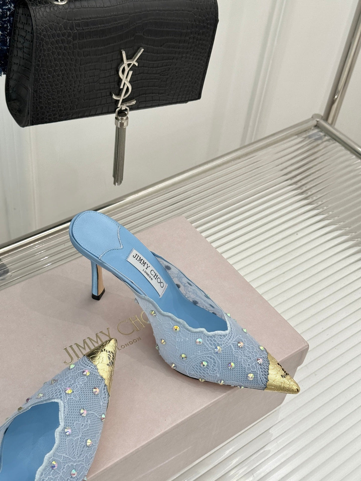 Jimmy Rhinestone Toe High-Heeled 10 Sandals Blue in Lace Metallic 803389