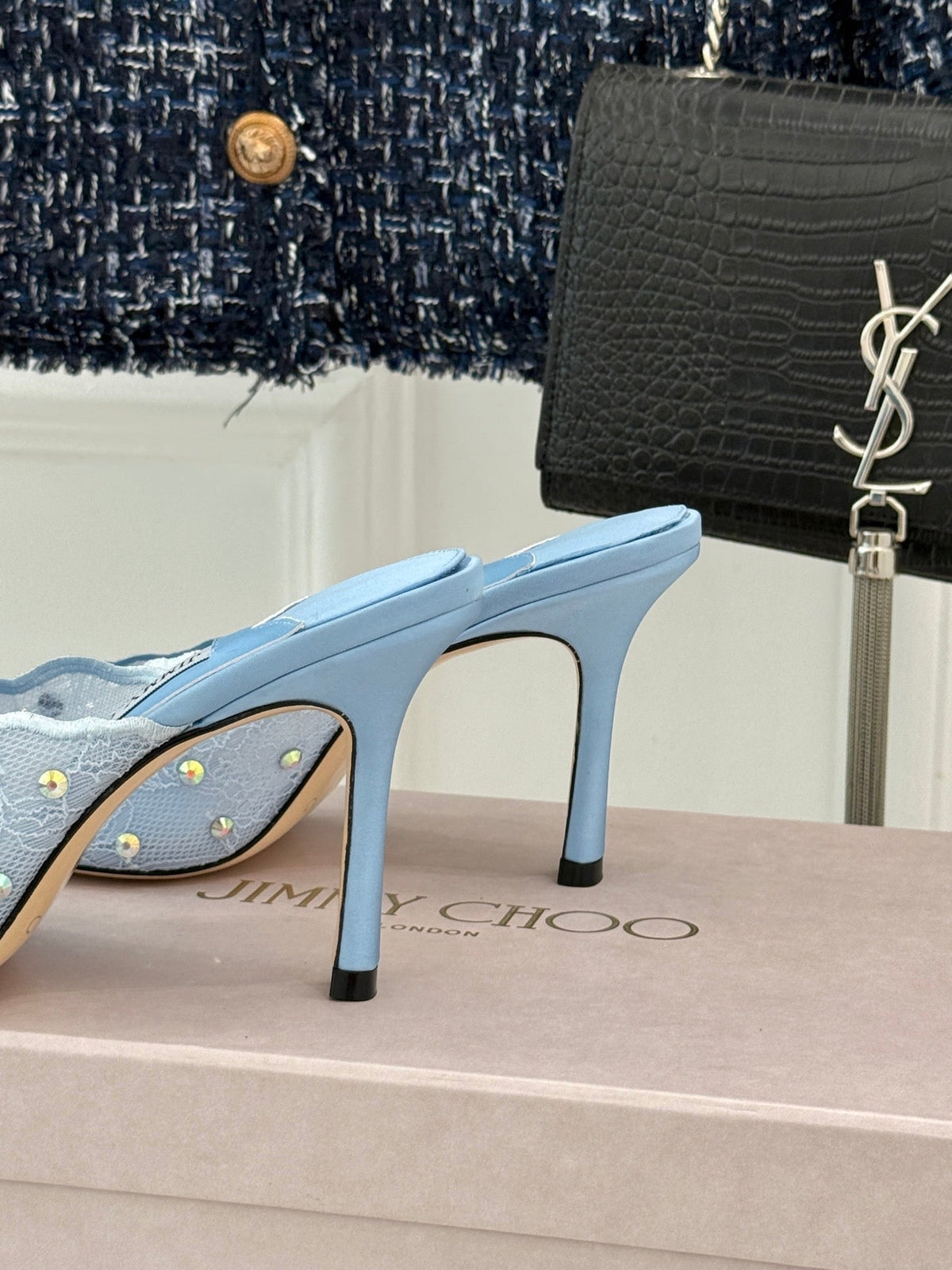 Jimmy Rhinestone Toe High-Heeled 10 Sandals Blue in Lace Metallic 803389