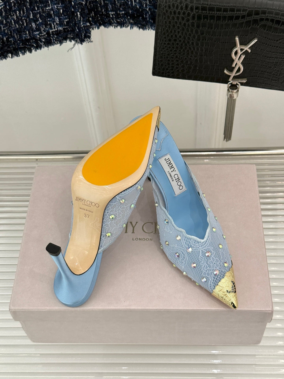 Jimmy Rhinestone Toe High-Heeled 10 Sandals Blue in Lace Metallic 803389