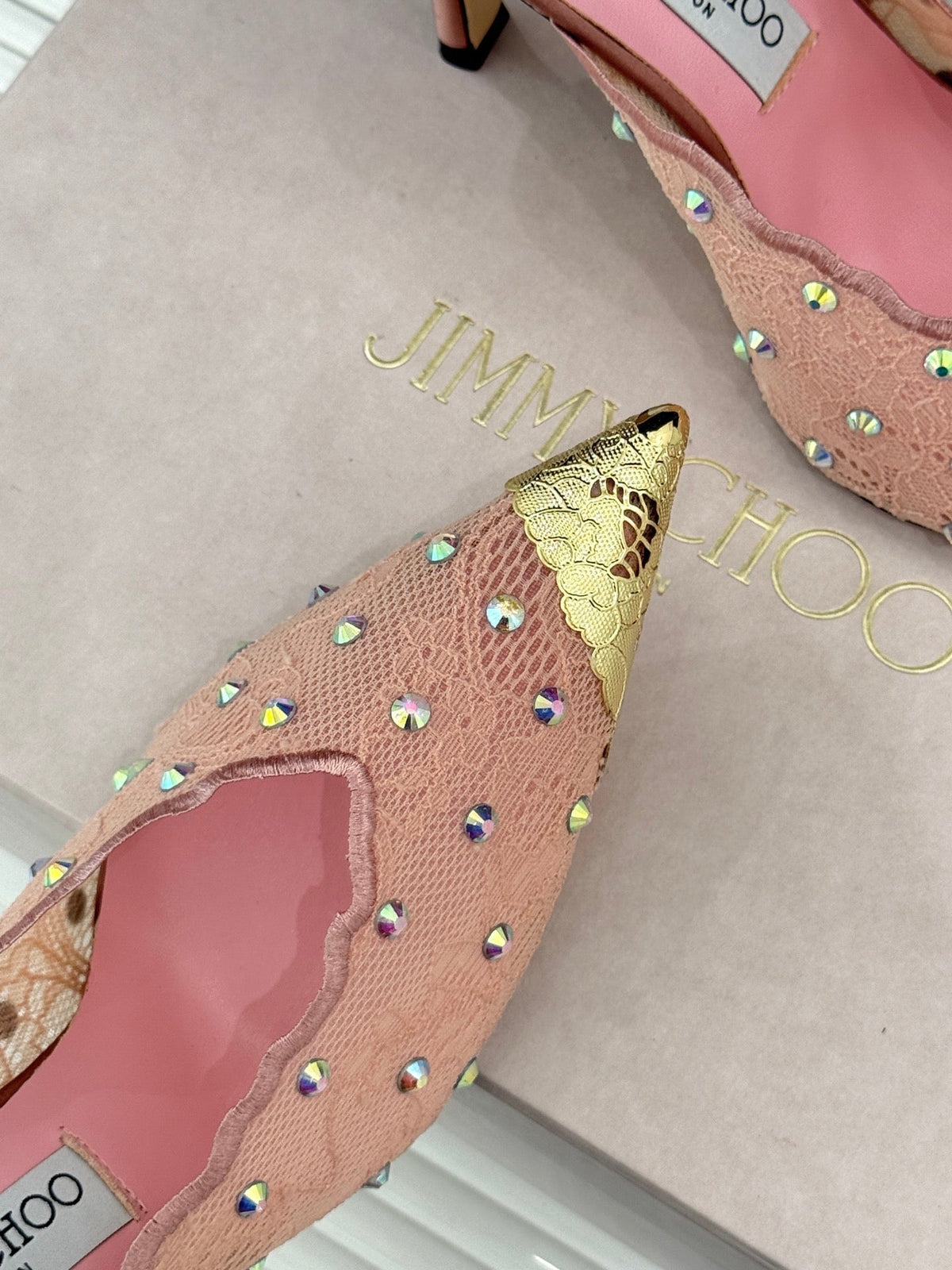 Jimmy Rhinestone Toe High-Heeled 10 Sandals Pink in Lace Metallic 803390