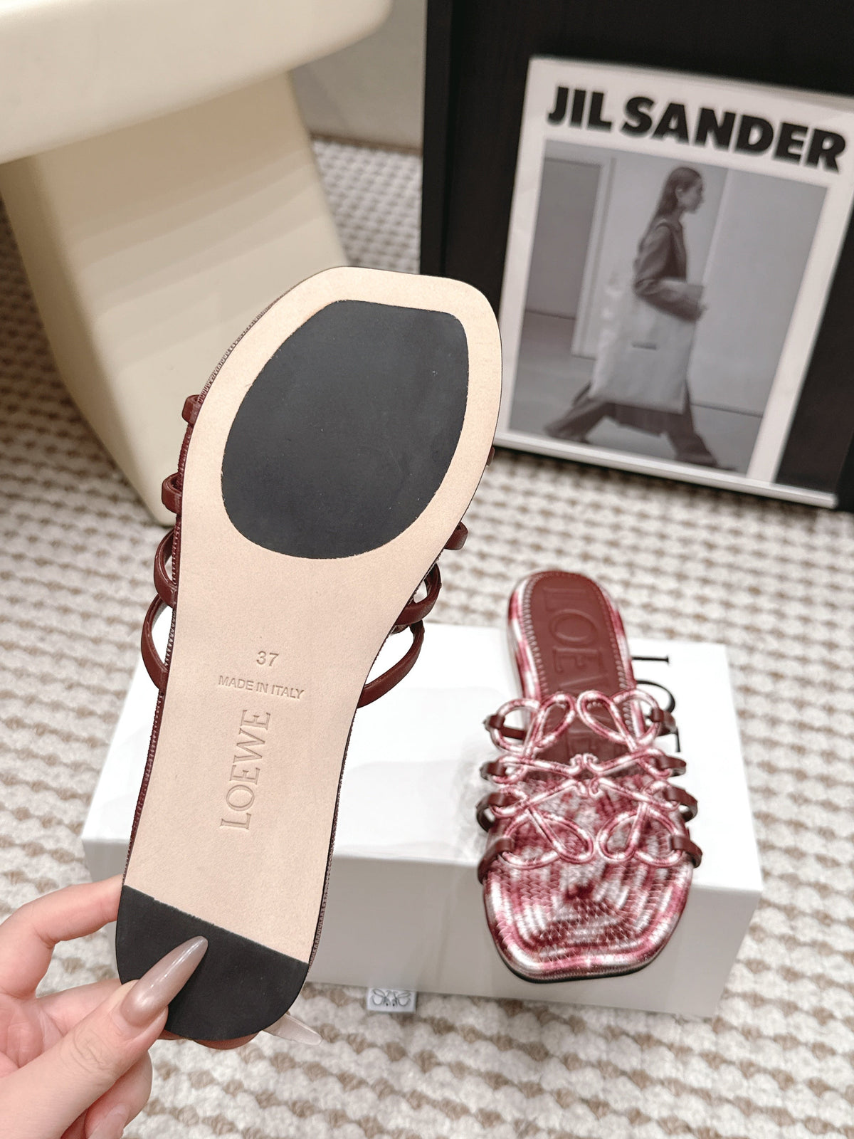 Loe 26 Openwork Woven Sandals Burgundy in Leather 813537