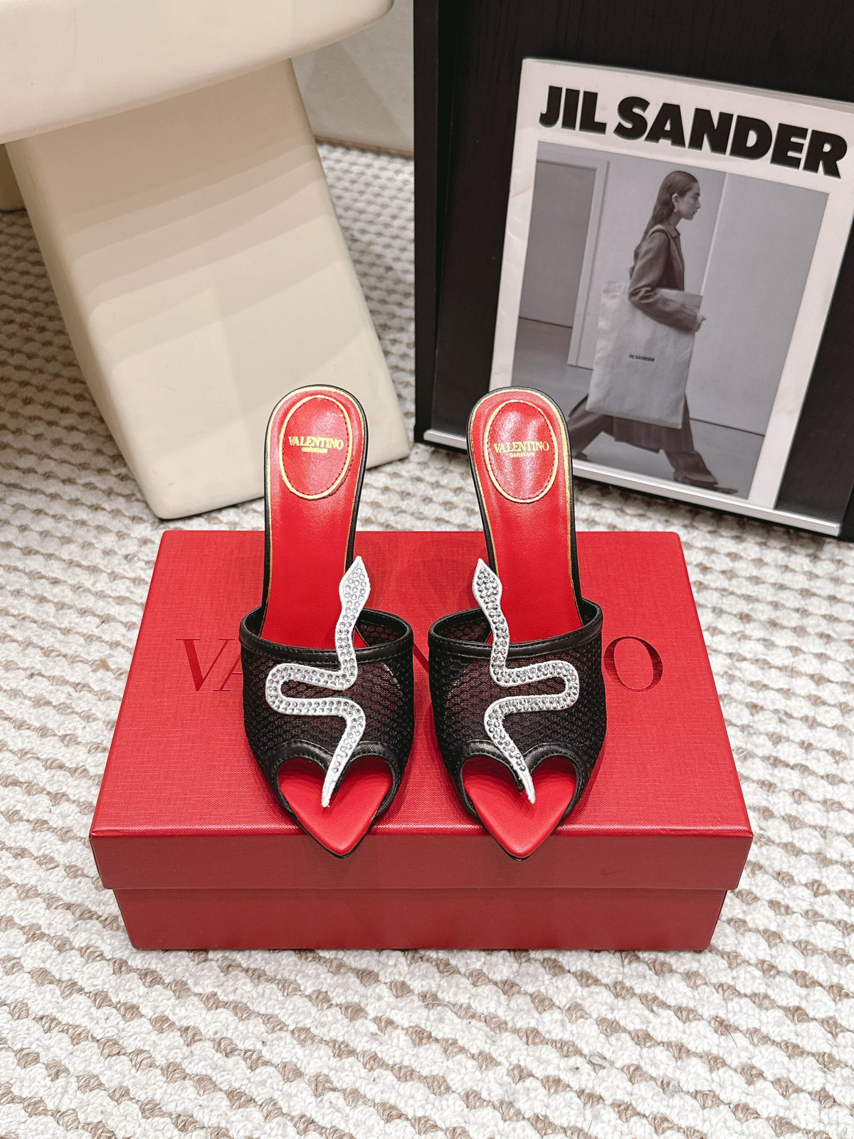 Valentino 26 Pointed Toe Rhinestone Buckle Sandals 10cm Black in Mesh 813051