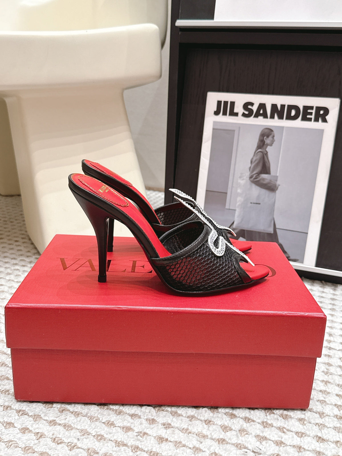 Valentino 26 Pointed Toe Rhinestone Buckle Sandals 10cm Black in Mesh 813051