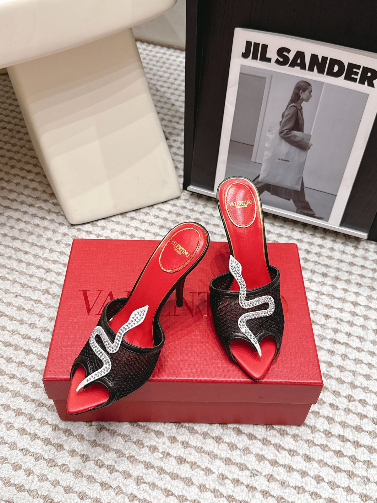 Valentino 26 Pointed Toe Rhinestone Buckle Sandals 10cm Black in Mesh 813051