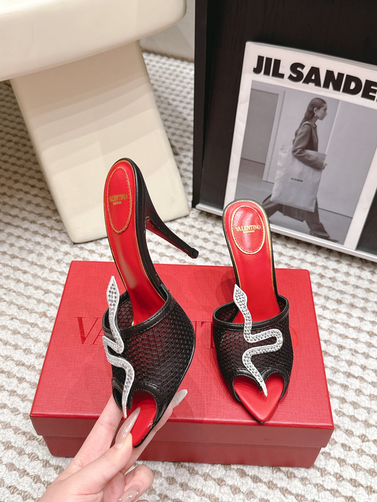 Valentino 26 Pointed Toe Rhinestone Buckle Sandals 10cm Black in Mesh 813051