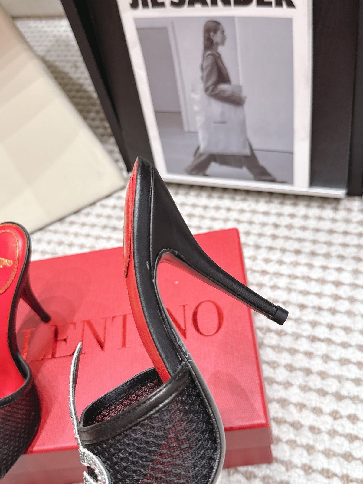 Valentino 26 Pointed Toe Rhinestone Buckle Sandals 10cm Black in Mesh 813051