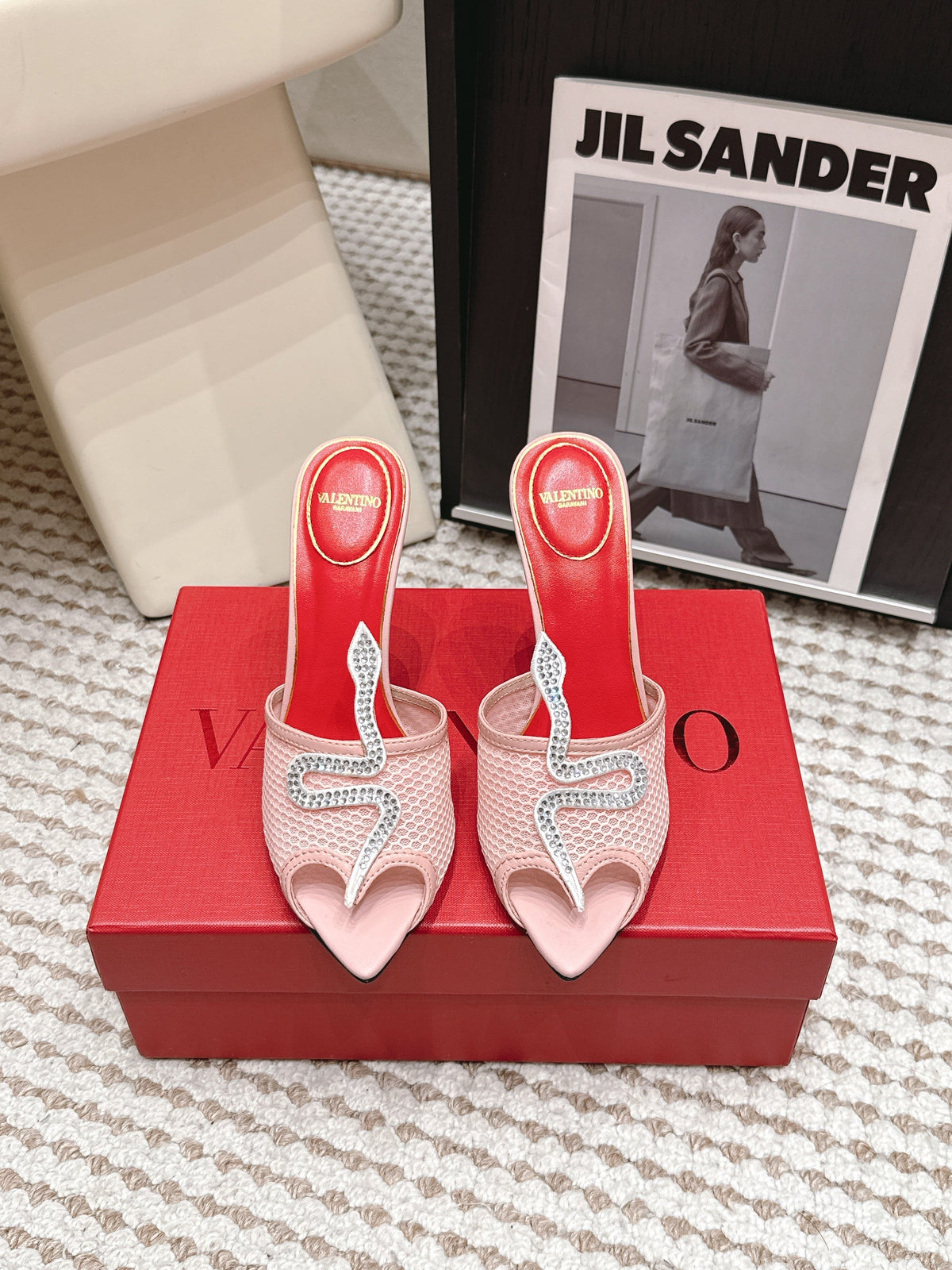 Valentino 26 Pointed Toe Rhinestone Buckle Sandals 10cm Light Pink in Mesh 813050