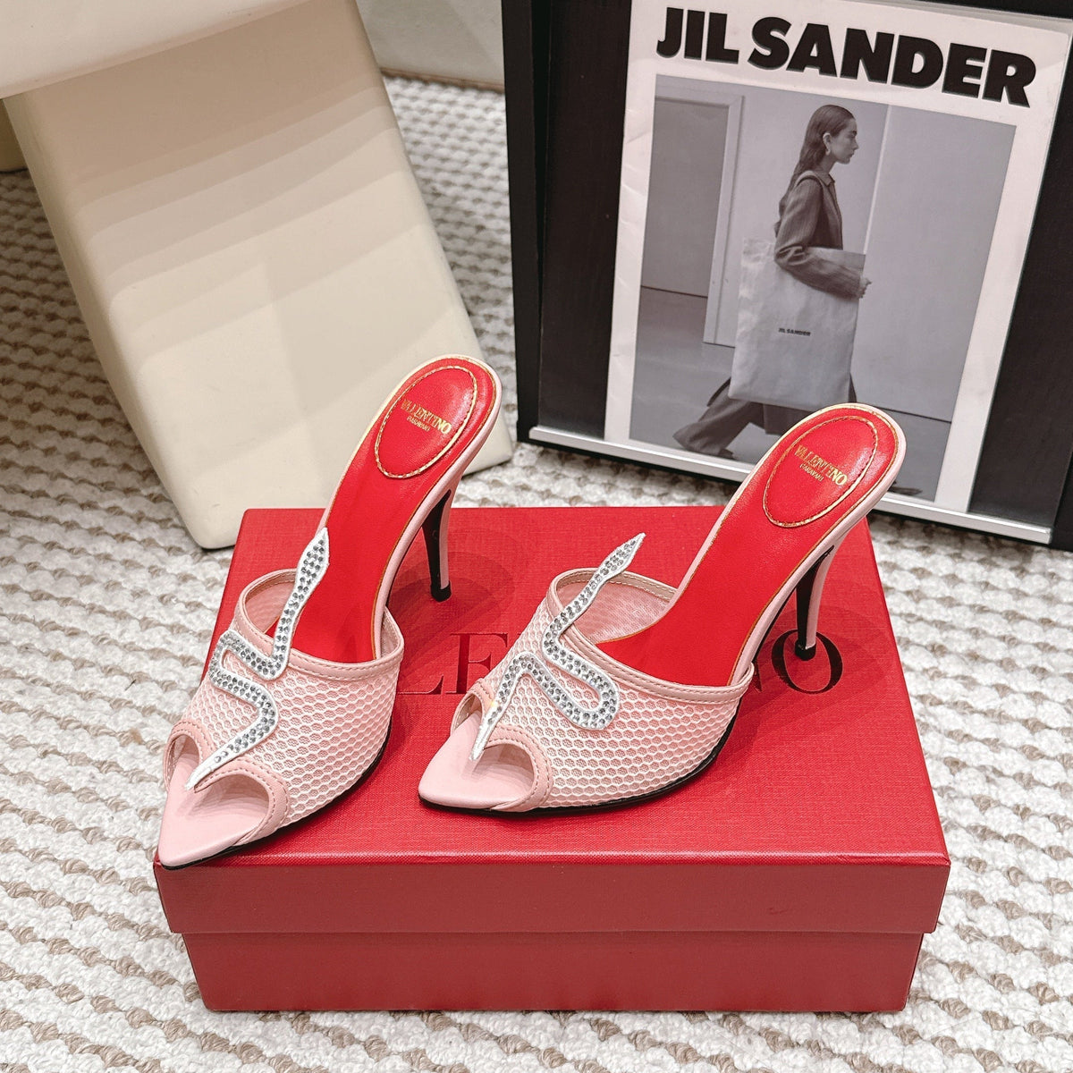 Valentino 26 Pointed Toe Rhinestone Buckle Sandals 10cm Light Pink in Mesh 813050