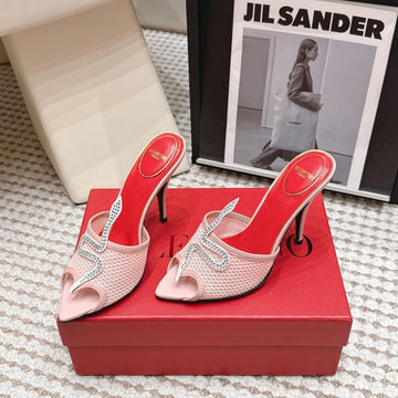 Valentino 26 Pointed Toe Rhinestone Buckle Sandals 10cm Light Pink in Mesh 813050