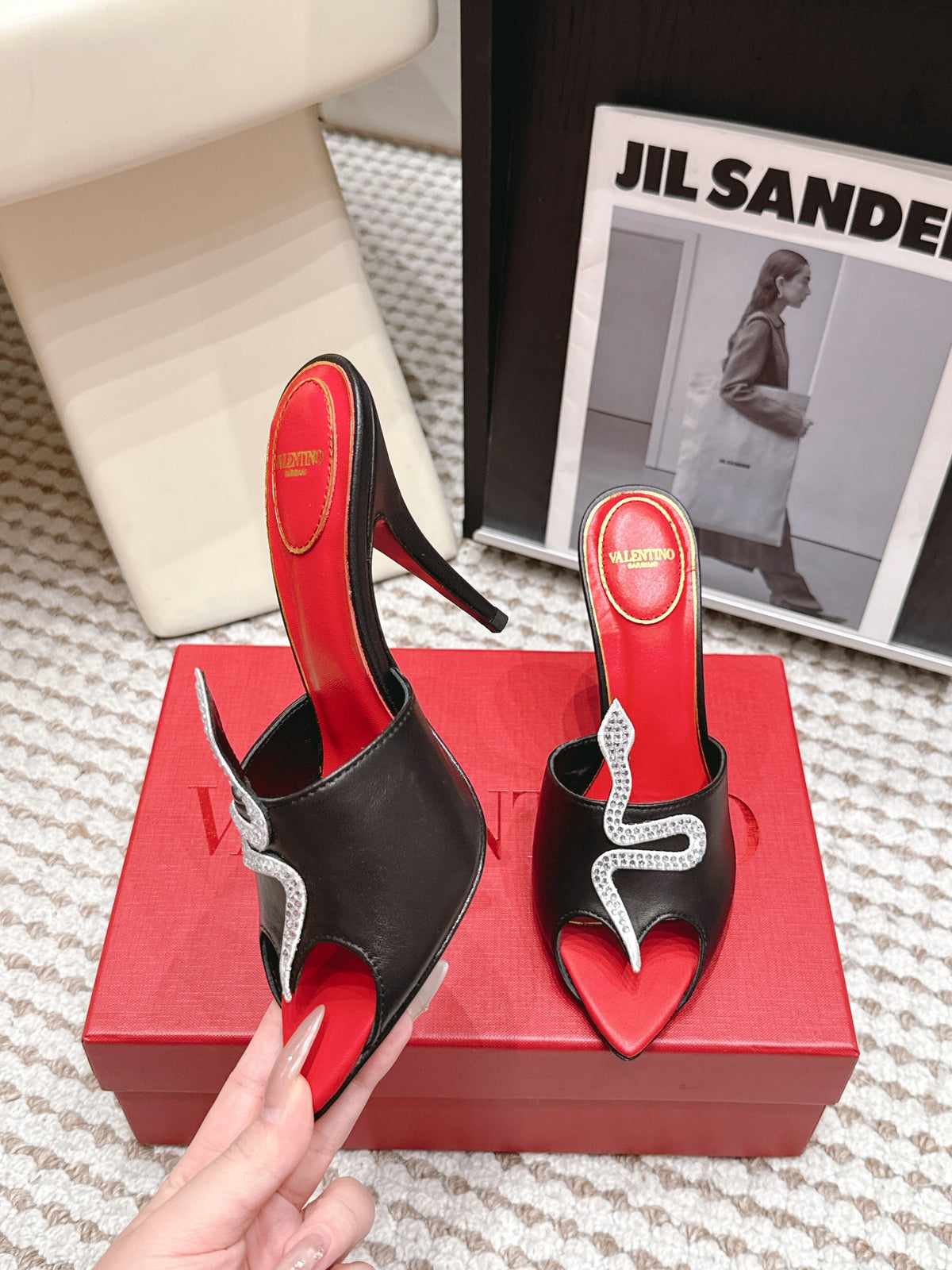 Valentino 26 Pointed Toe Rhinestone Buckle Sandals 10cm Black in Cowhide 813049
