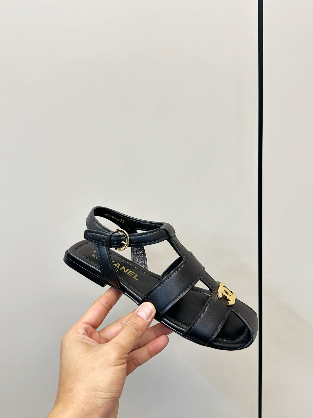 CC 26 T-strap Openwork Roman Sandals Black in Cowhide 815985