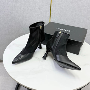 CC 26s Pointed-Toe Stiletto Ankle Boots Black Sheepskin Mesh 972790