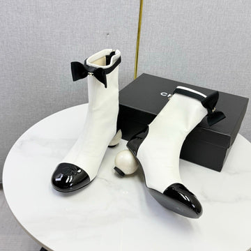 CC Mid-Calf Boots Pearl Ball Heel Bow Ivory Black Leather 972796