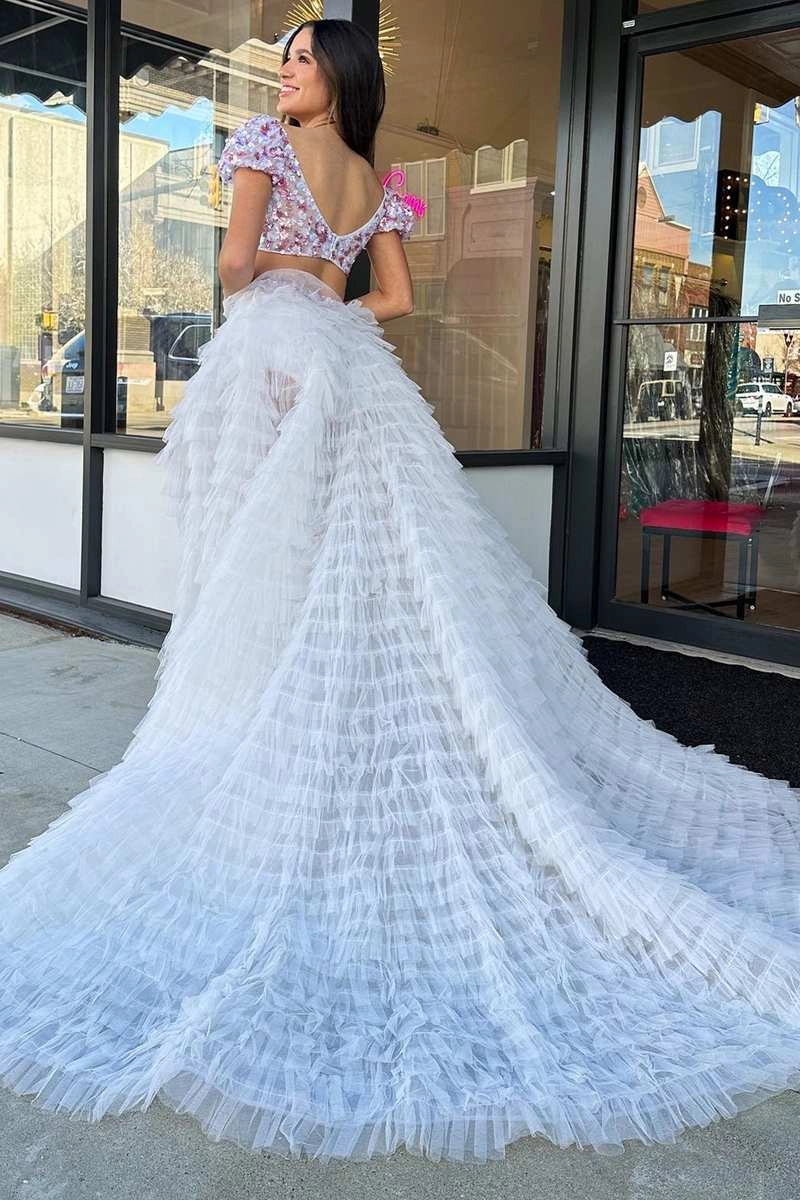 A line Square Neck Tulle Prom Dress with Ruffles