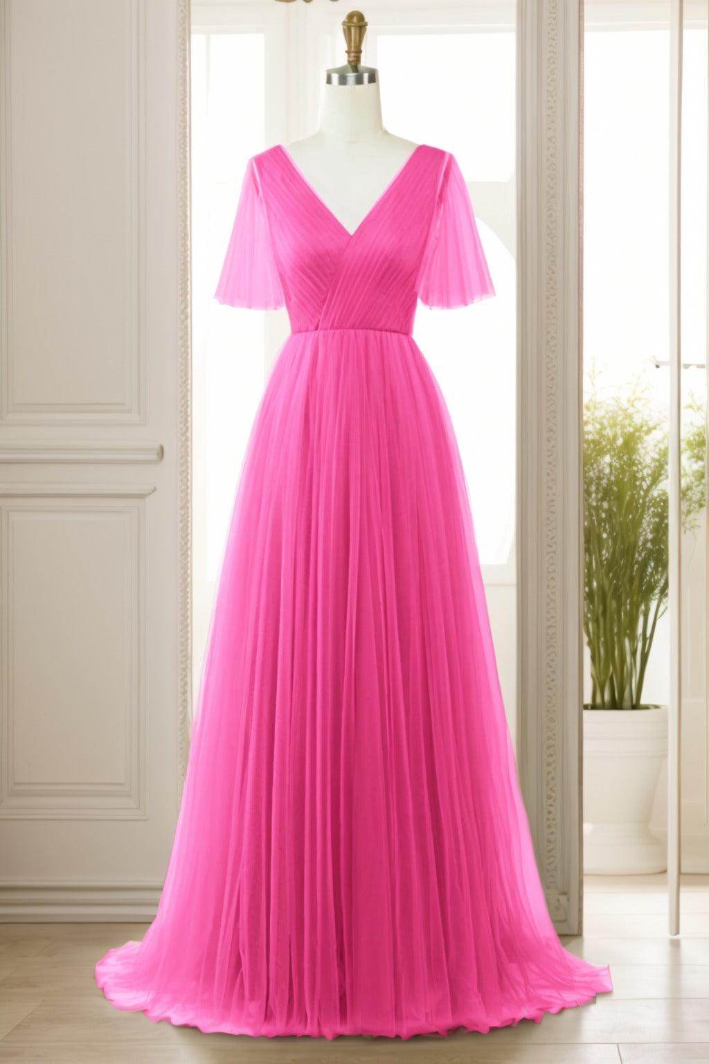 A-Line Sweep-Brush Train Tulle Prom Dress CS0472
