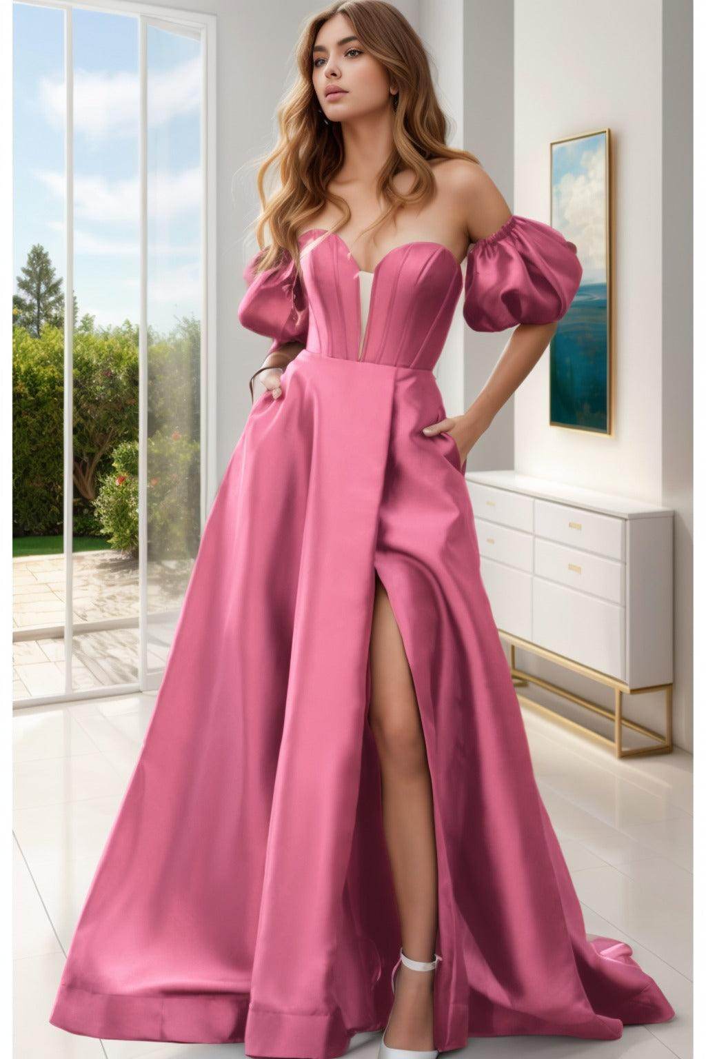 A-Line Sweep-Brush Train Satin Prom Dress CS0448