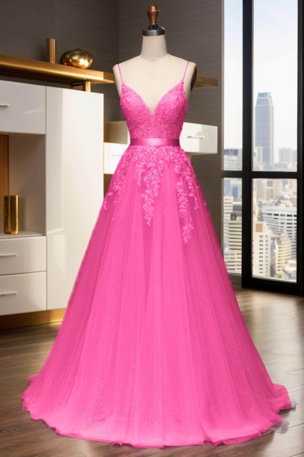 A-Line Sweep-Brush Train Tulle Prom Dress CS0464