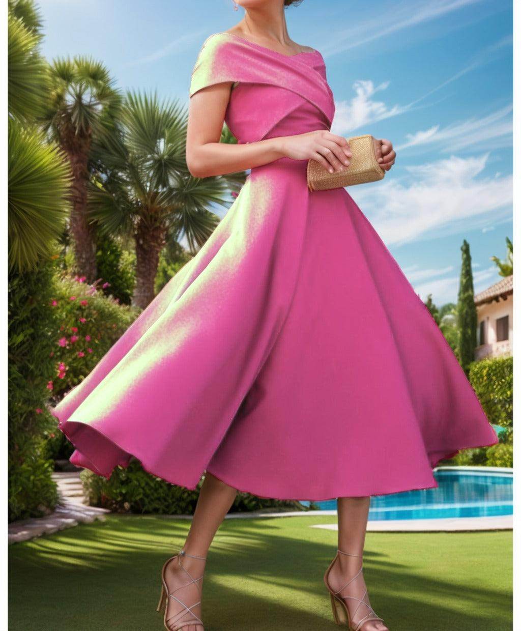 A-Line Tea Length Satin Prom Dress CS0455