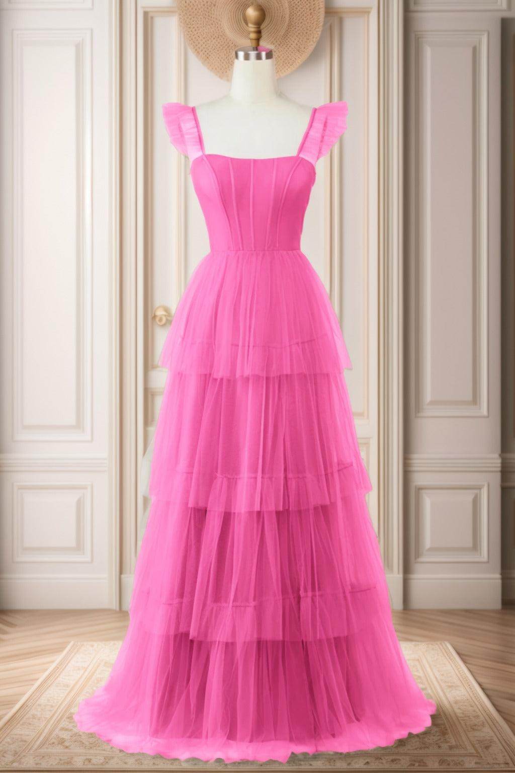 A-Line Sweep-Brush Train Tulle Prom Dress CS0471
