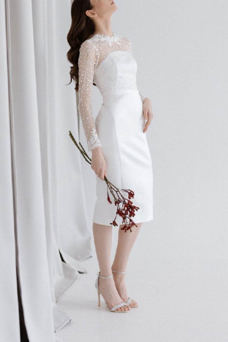 Sheath-Column Tea Length Lace Satin Little White Dress 100002