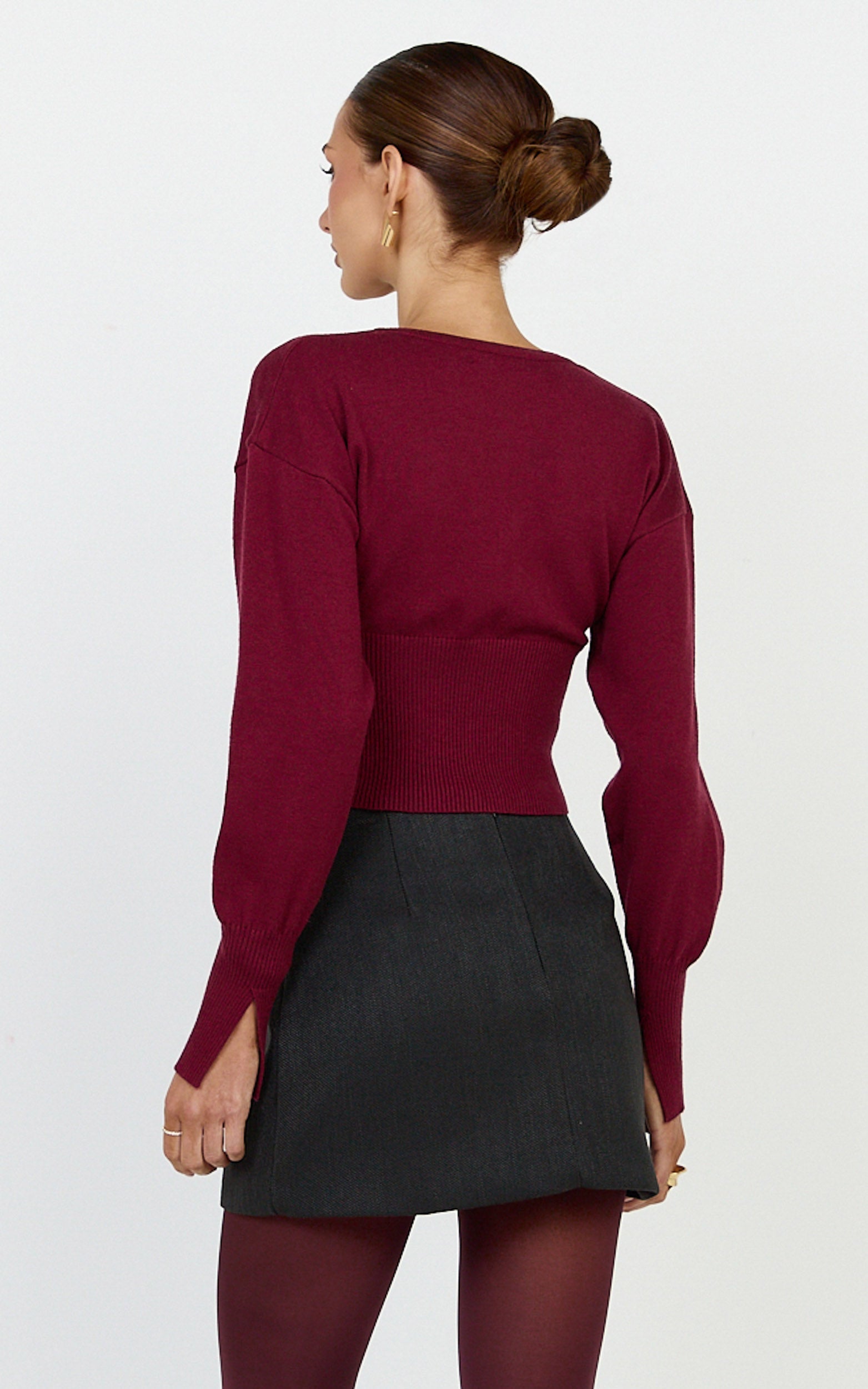 Ramsey Cardigan - Recycled Contoured Waist Button Down Cardigan in Wine