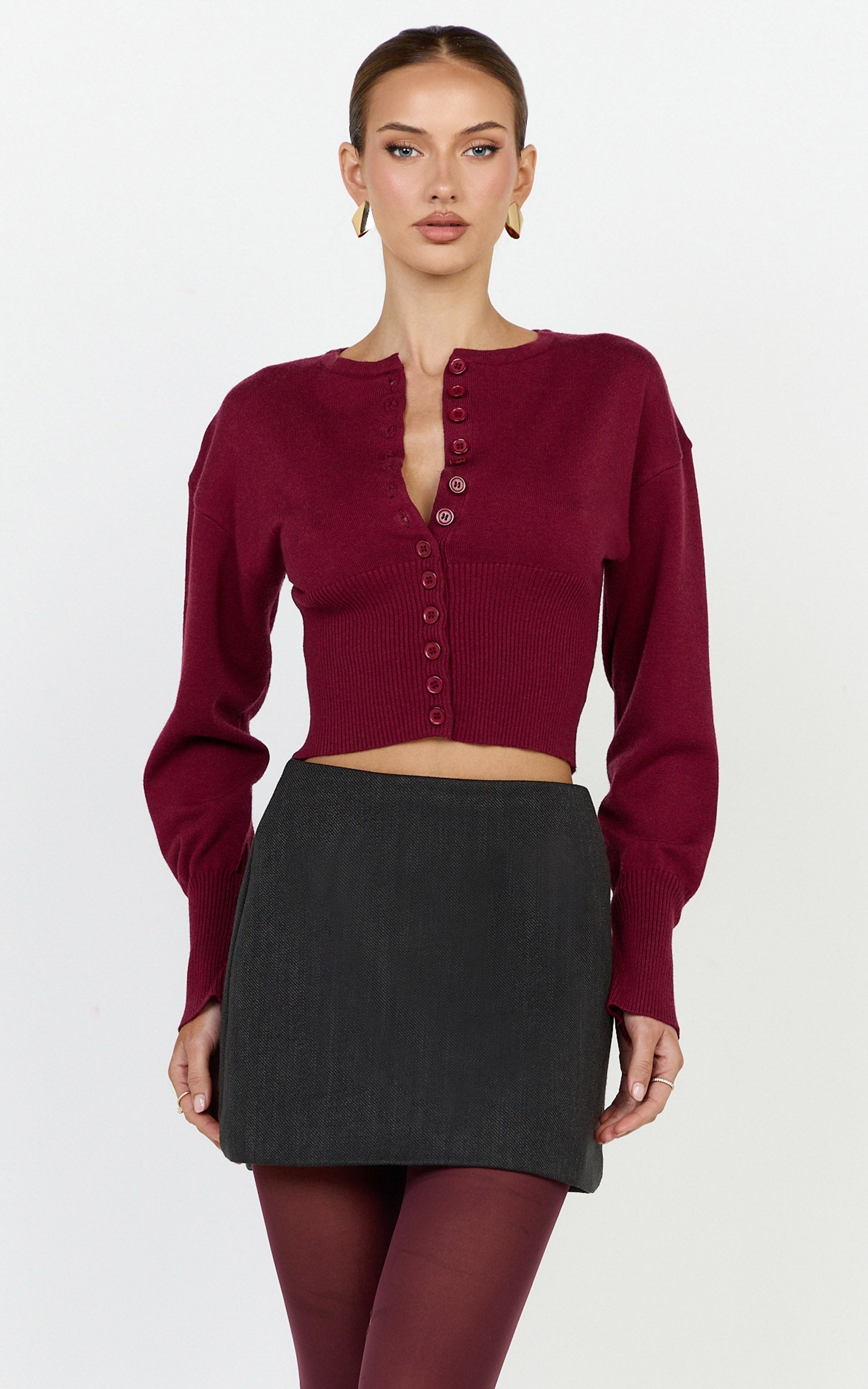 Ramsey Cardigan - Recycled Contoured Waist Button Down Cardigan in Wine