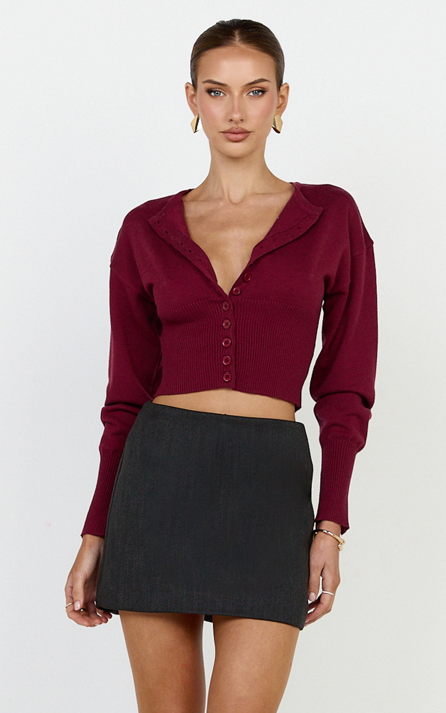 Ramsey Cardigan - Recycled Contoured Waist Button Down Cardigan in Wine
