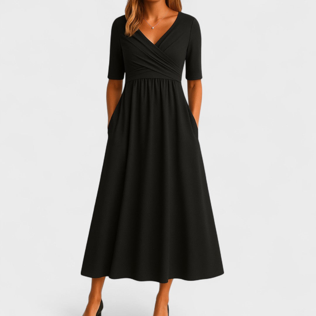 A-Line Tailored Waist Crepe Midi Dress