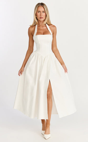 Helda Midi Dress - Halter Tie Neck Corset Panel Dress in Off White