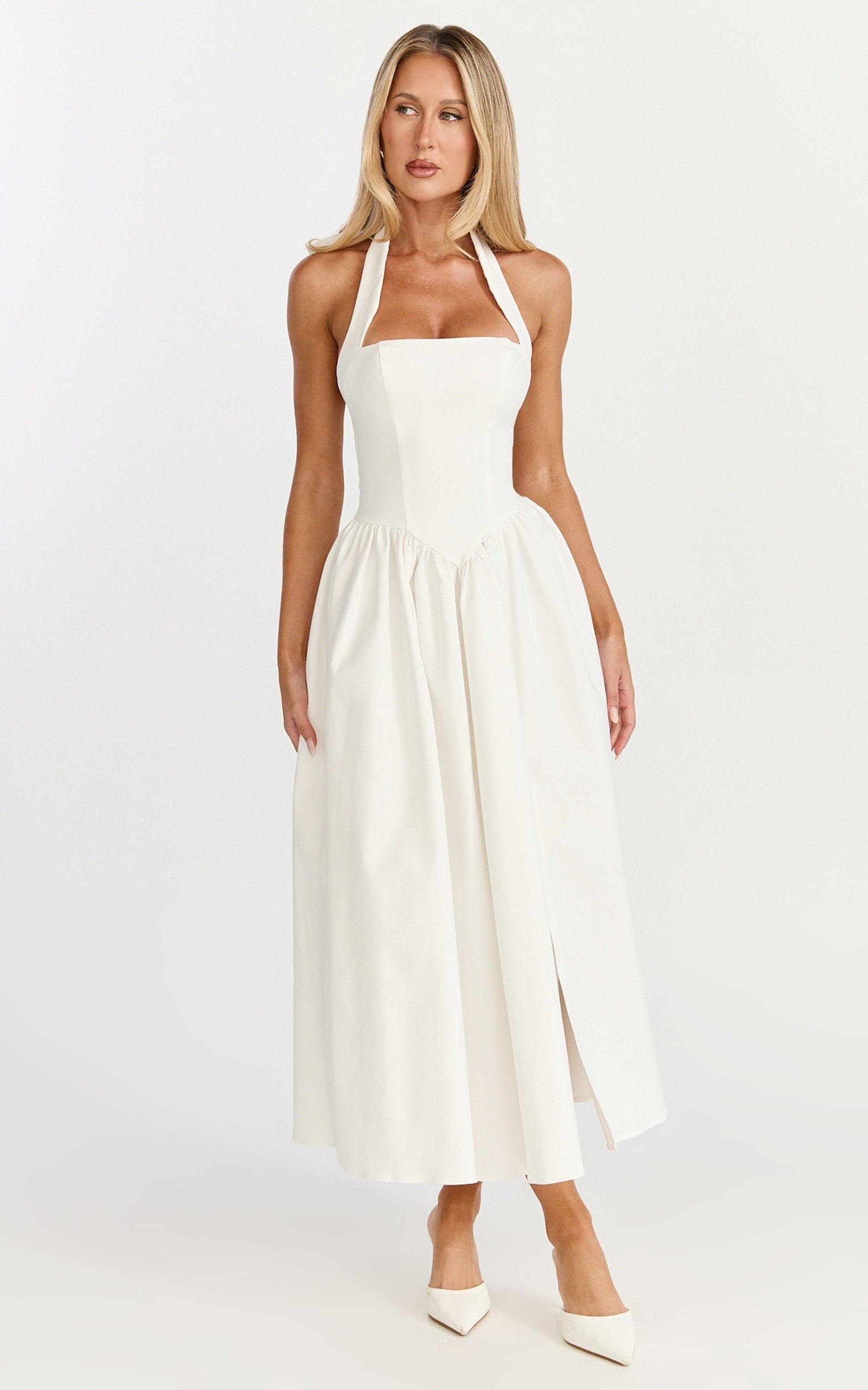 Helda Midi Dress - Halter Tie Neck Corset Panel Dress in Off White
