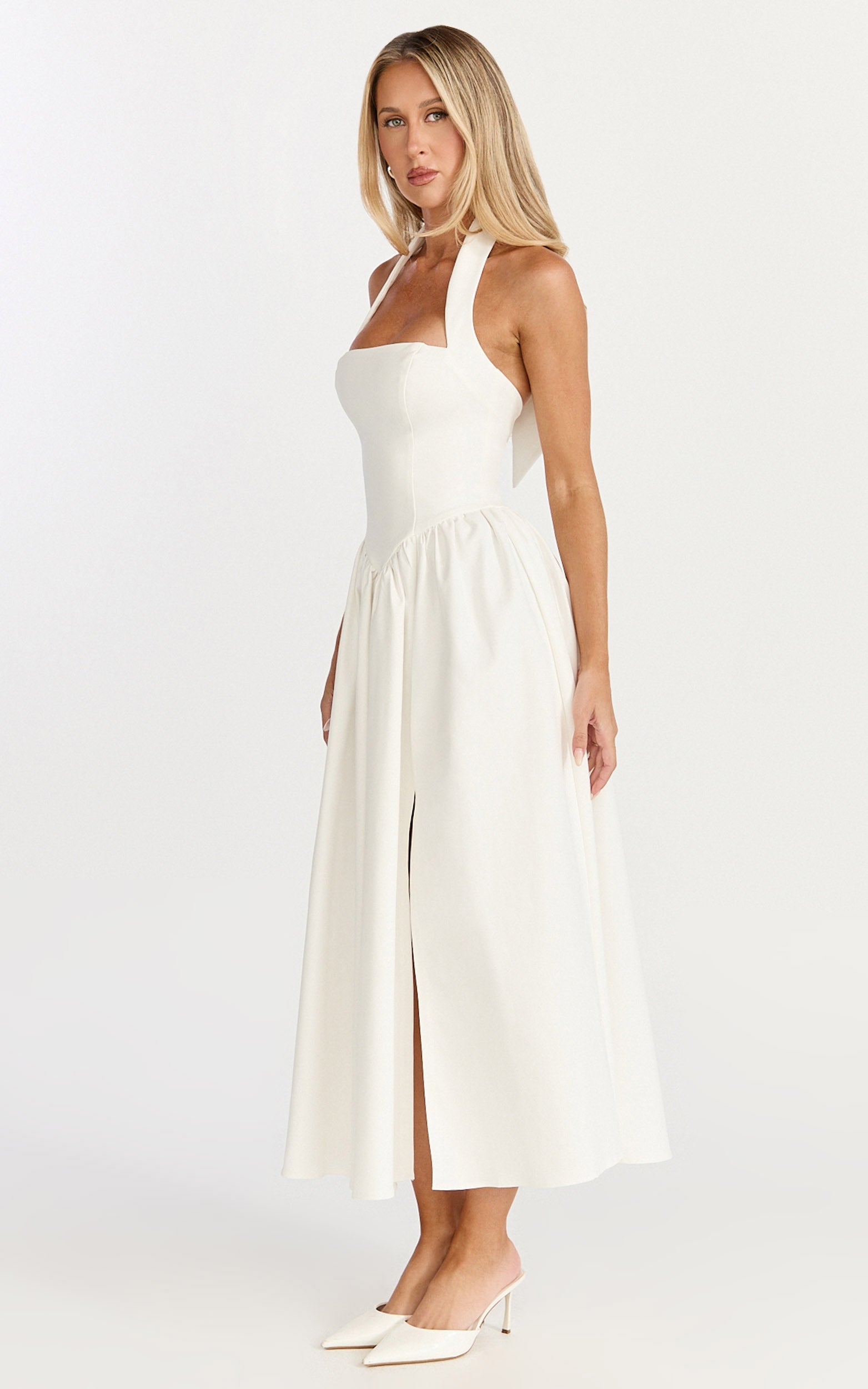 Helda Midi Dress - Halter Tie Neck Corset Panel Dress in Off White
