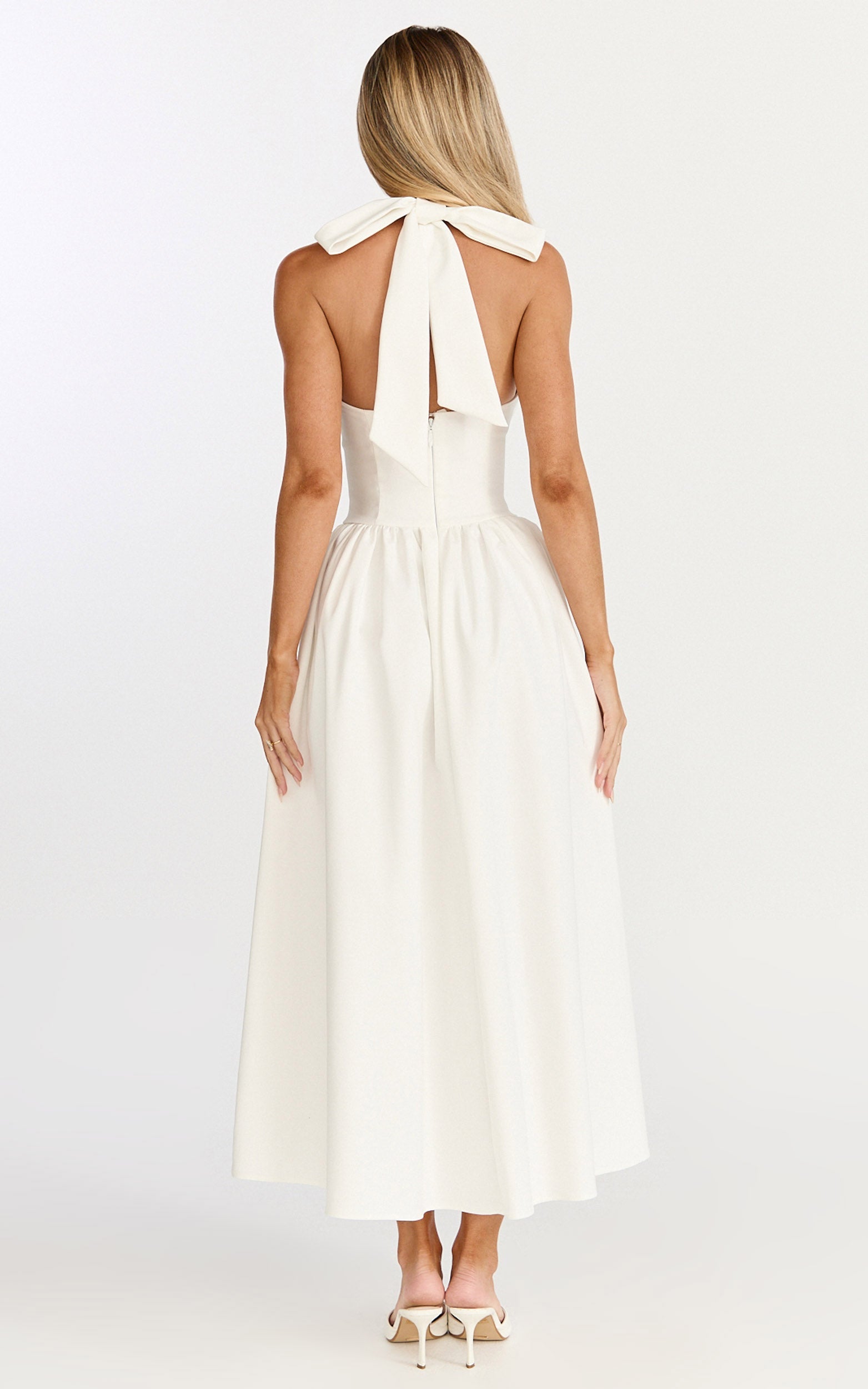 Helda Midi Dress - Halter Tie Neck Corset Panel Dress in Off White