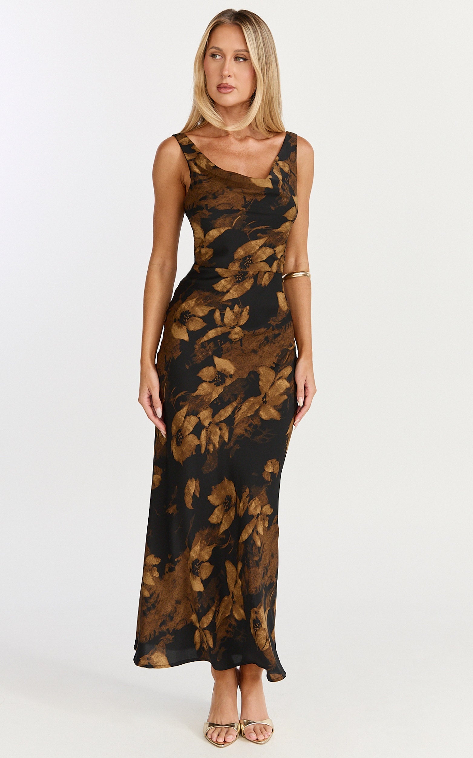 Dara Midi Dress - Low Neck Sleeveless Slip Dress in Amber Floral Print