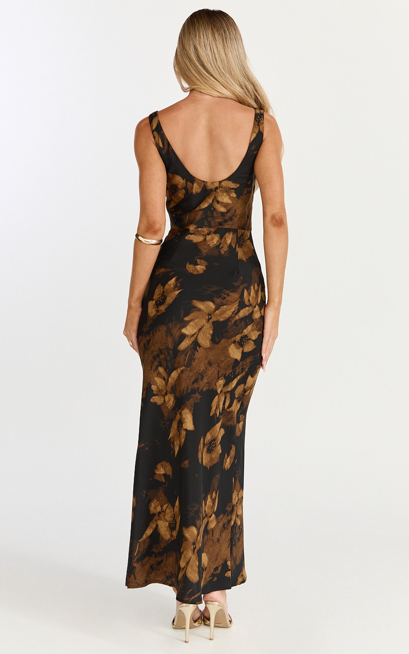 Dara Midi Dress - Low Neck Sleeveless Slip Dress in Amber Floral Print