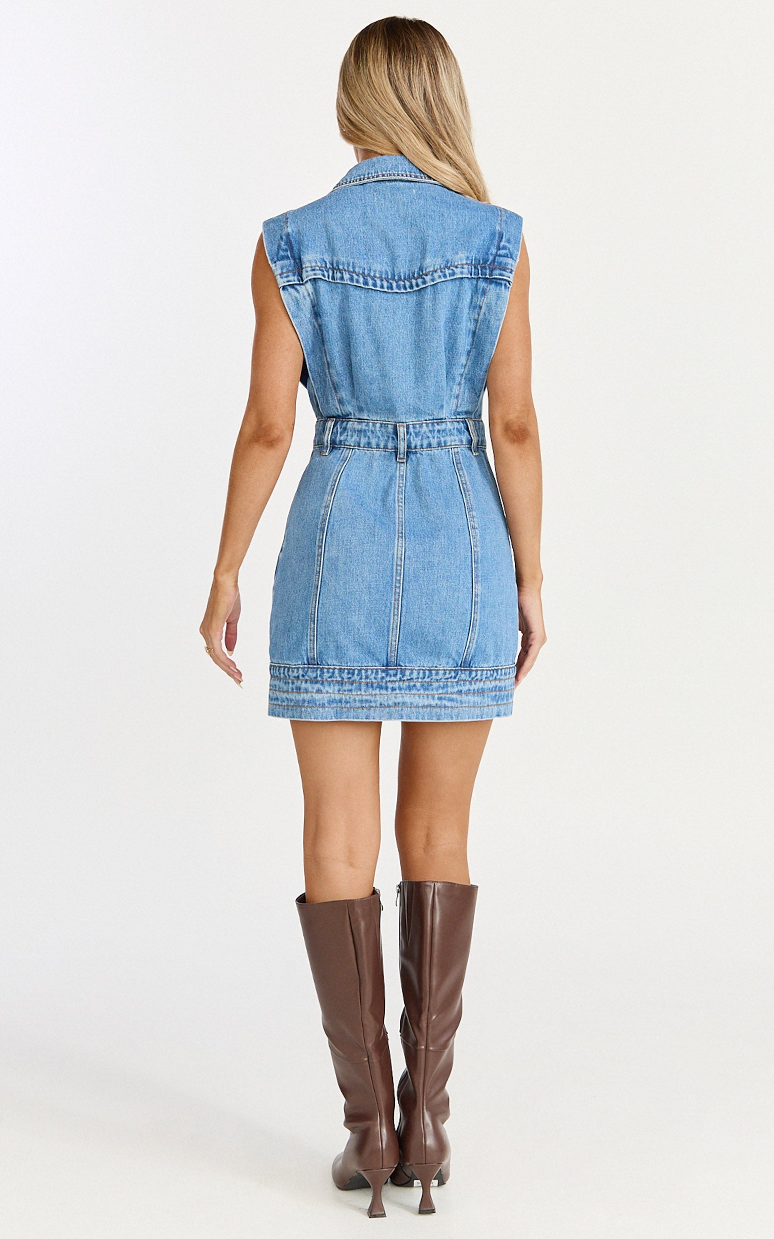 Jasse Mini Dress - Hardware Button Through Denim Dress in Mid Blue Wash