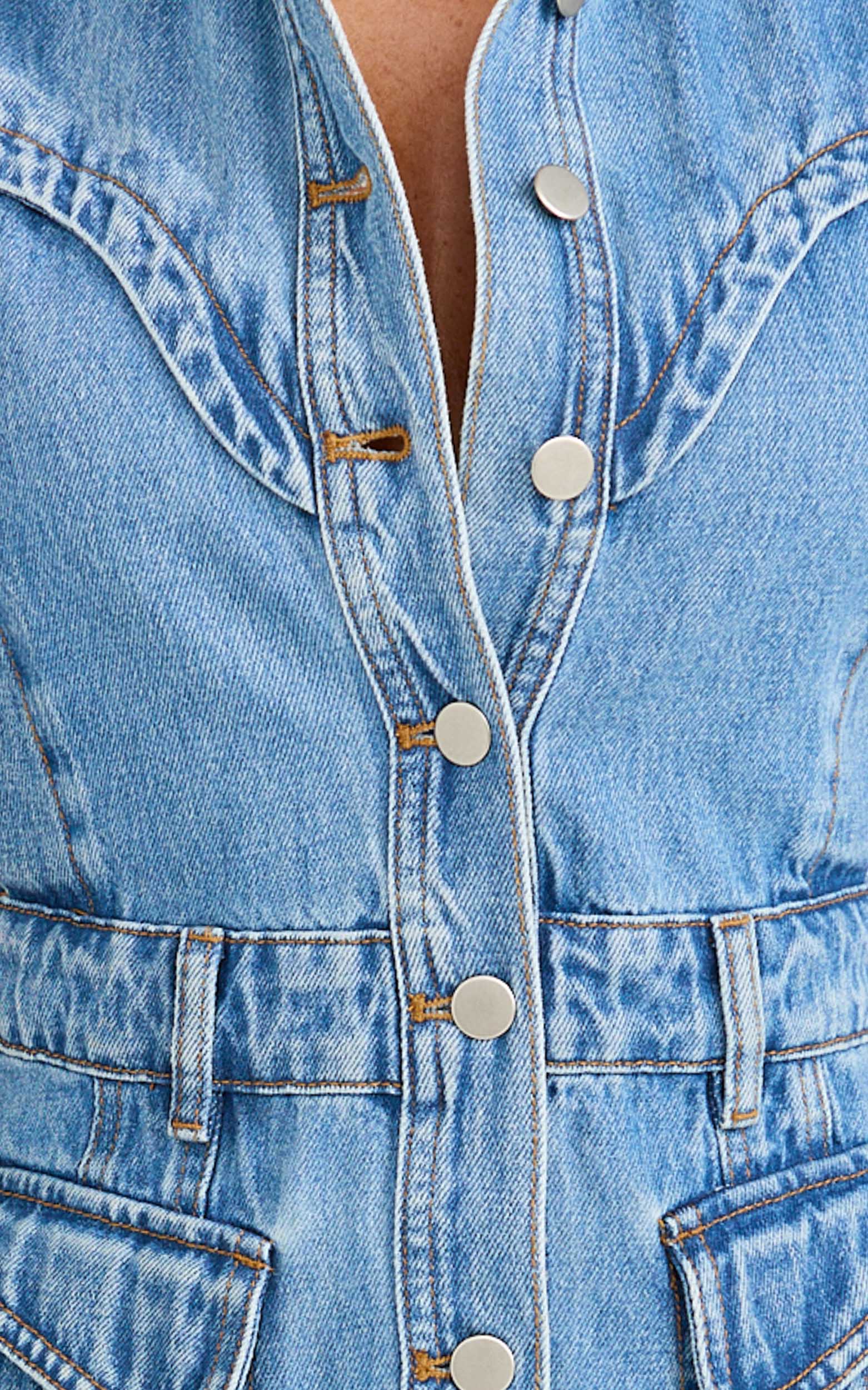 Jasse Mini Dress - Hardware Button Through Denim Dress in Mid Blue Wash