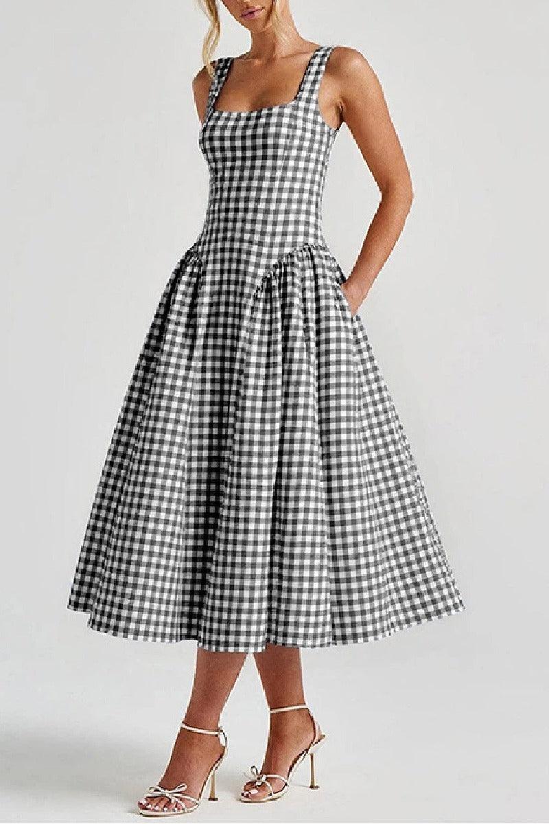 A-Line Tea Length Printed Cotton Wedding Guest Dress 1040459988093