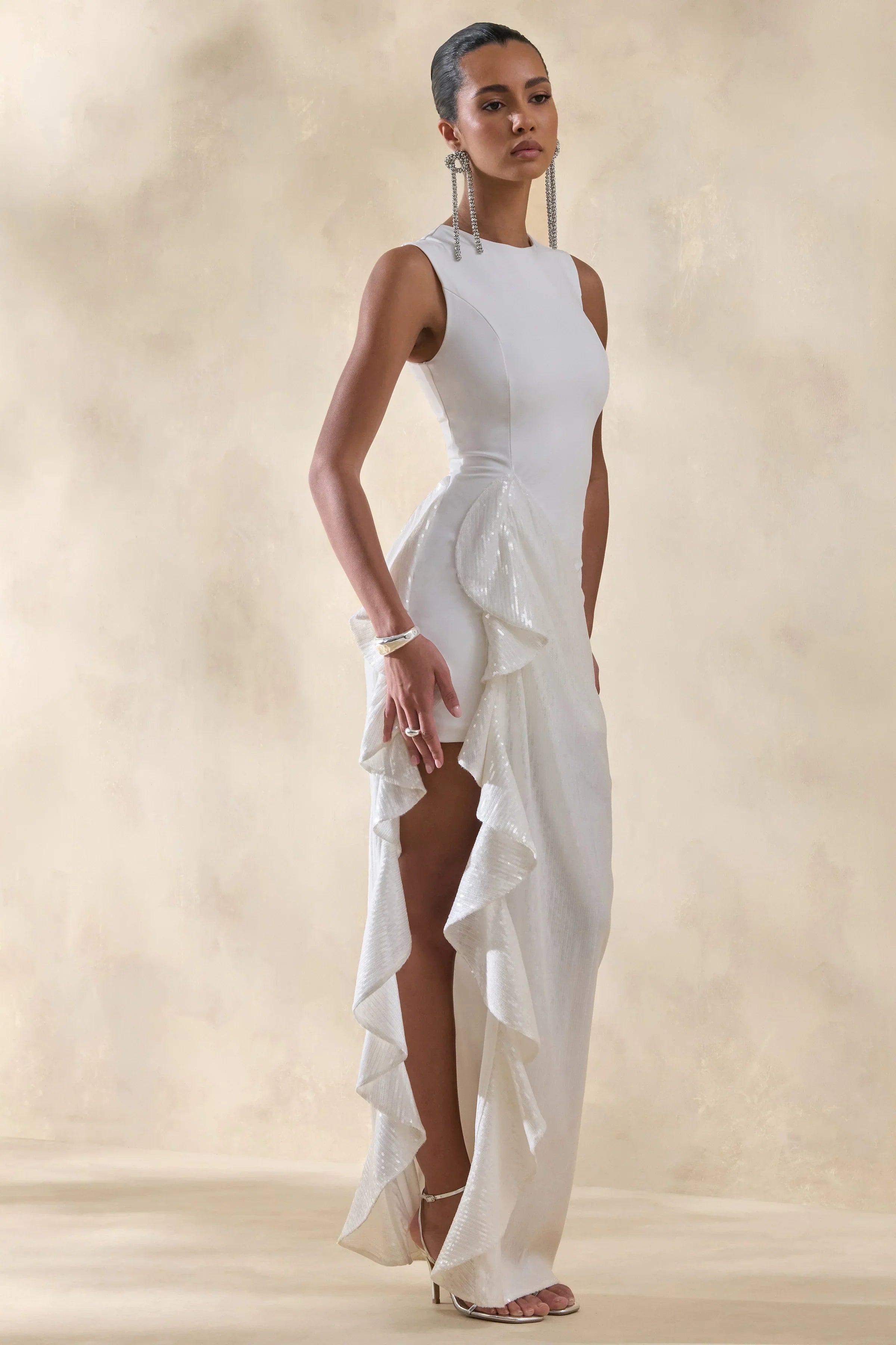 Ada | White Crew-Neck Maxi Dress With Sheer Skirt And Ruffled Detailing