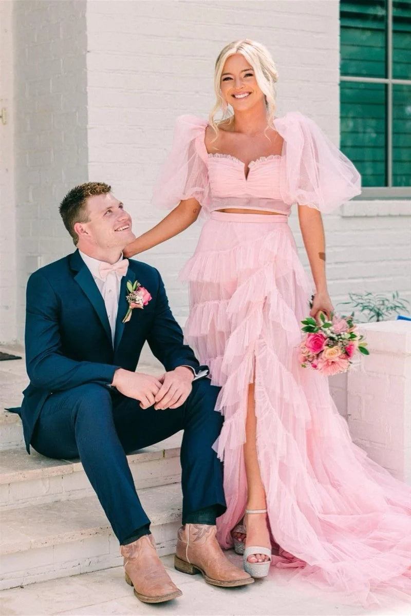 A Line Tow-Piece Tulle Prom Dress with Slit