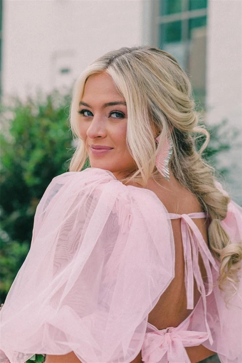 A Line Tow-Piece Tulle Prom Dress with Slit